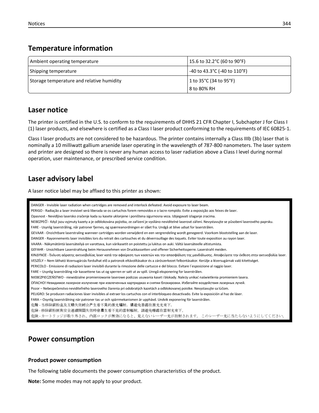 Lexmark 037, 237 Temperature information, Laser notice, Laser advisory label, Power consumption, Product power consumption 