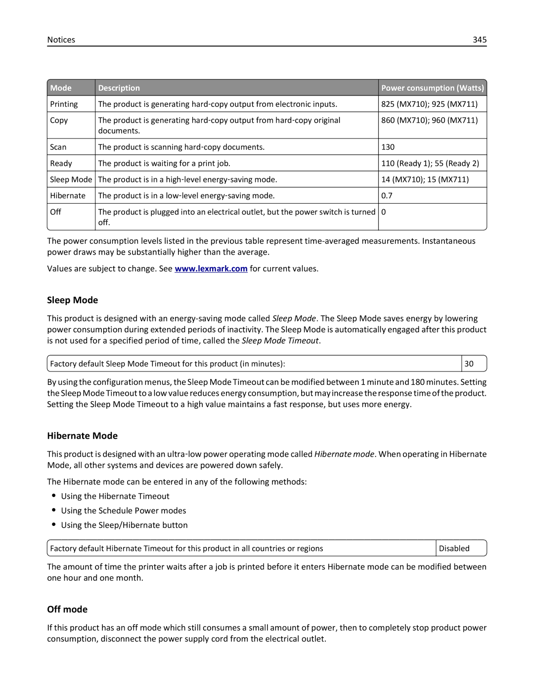 Lexmark MX710DHE, 24T7310, 237, 037 manual Sleep Mode, Hibernate Mode, Off mode, 345, Mode Description Power consumption Watts 