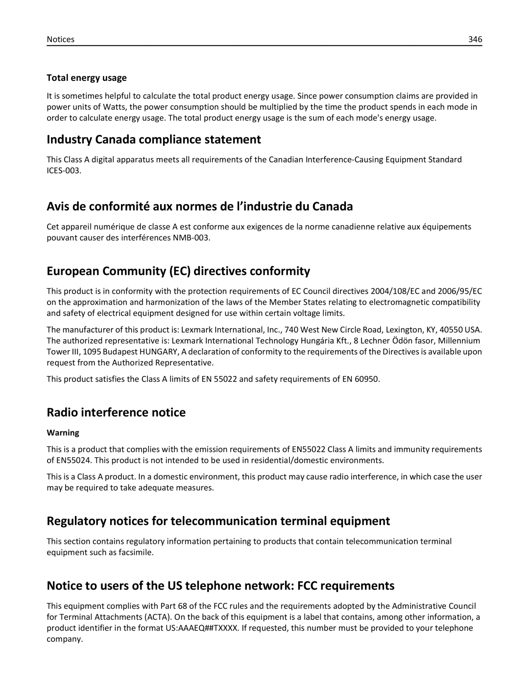 Lexmark MX710DHE, 24T7310 Industry Canada compliance statement, Avis de conformité aux normes de l’industrie du Canada 