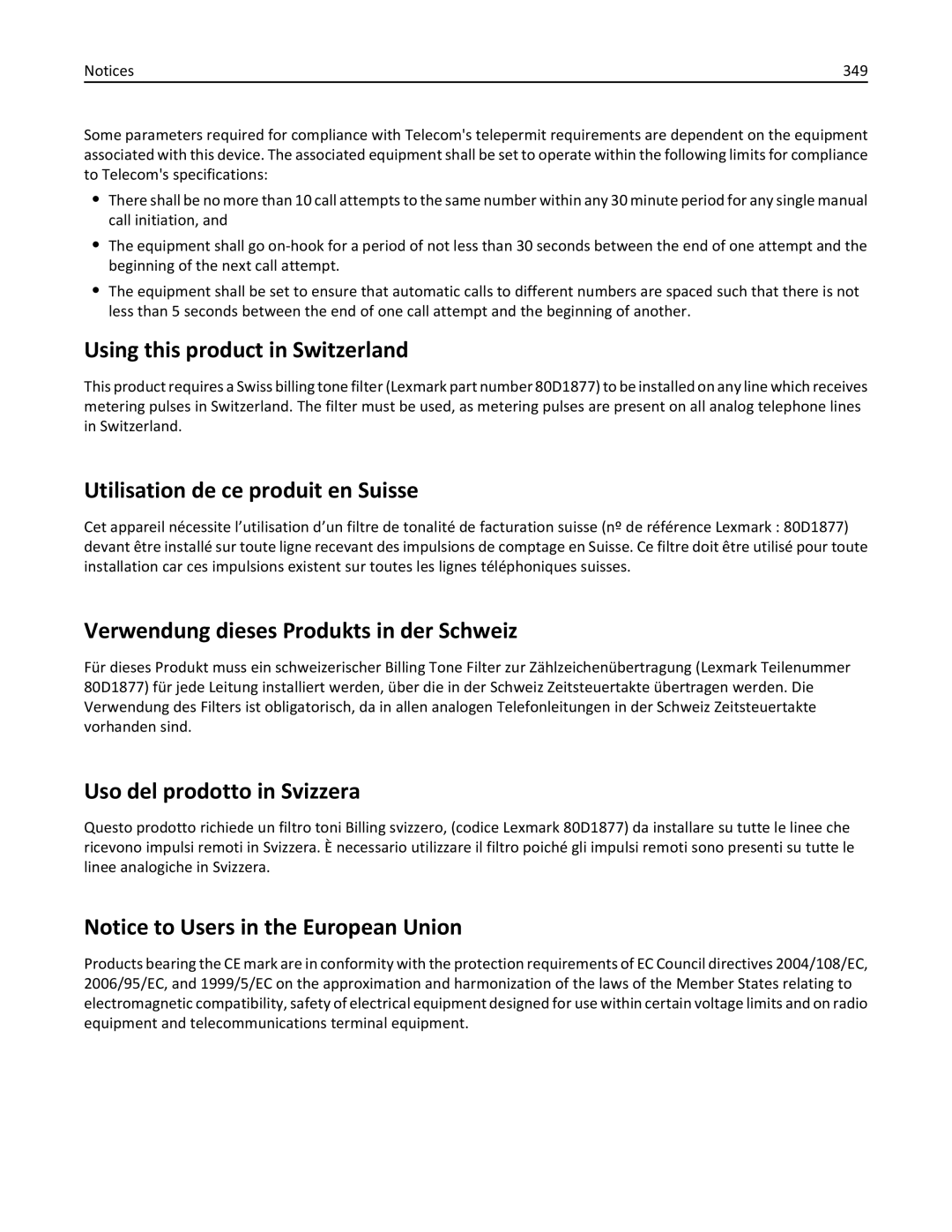 Lexmark 037, 237 Using this product in Switzerland, Utilisation de ce produit en Suisse, Uso del prodotto in Svizzera, 349 