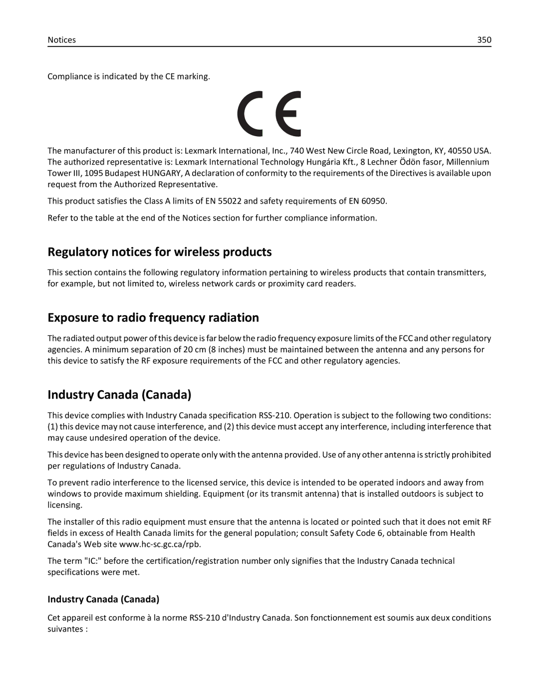 Lexmark MX710DHE Regulatory notices for wireless products, Exposure to radio frequency radiation, Industry Canada Canada 