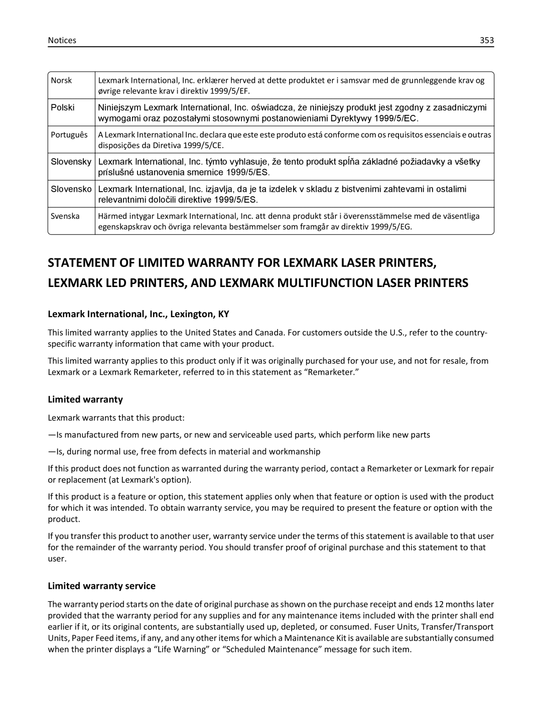 Lexmark 237, MX710DHE, 24T7310, 037 manual Lexmark International, Inc., Lexington, KY, Limited warranty service, 353 