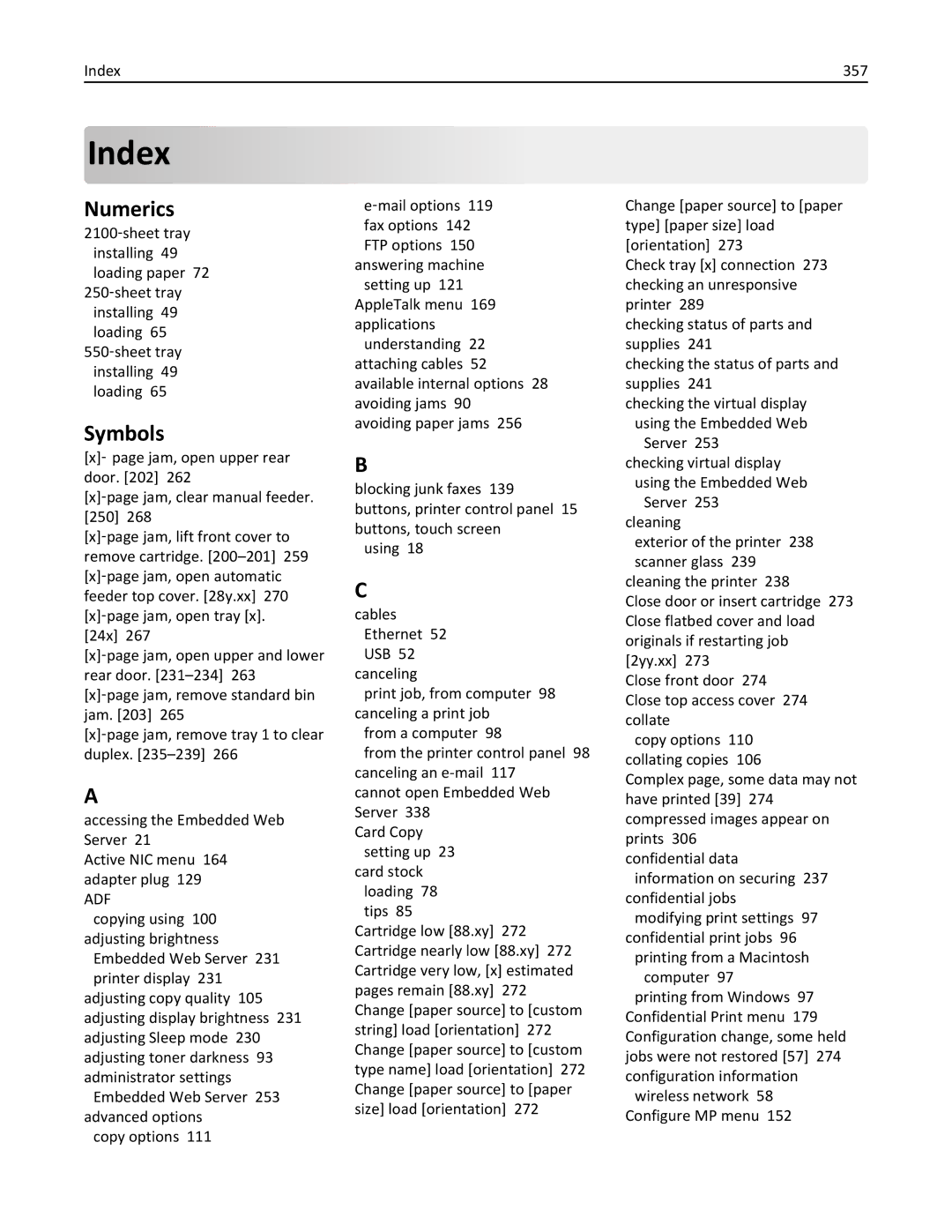 Lexmark 24T7310, MX710DHE, 237, 037 manual Numerics, Symbols, Index 357 