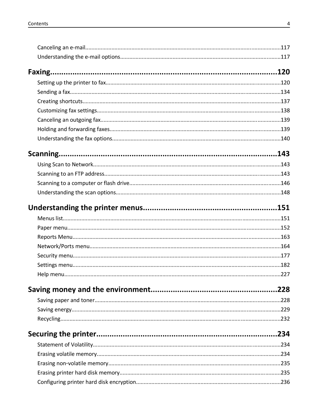 Lexmark 037, MX710DHE Faxing 120, Scanning 143, Understanding the printer menus 151, Saving money and the environment 228 