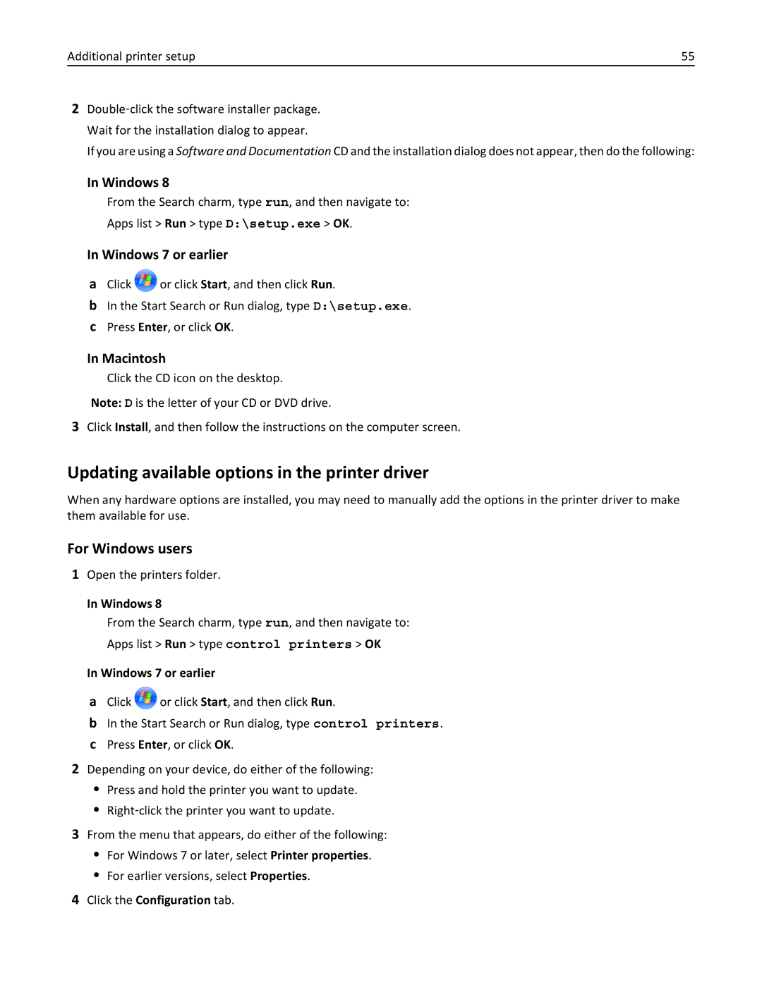 Lexmark MX710DHE, 24T7310 Updating available options in the printer driver, Macintosh, Open the printers folder, Windows 