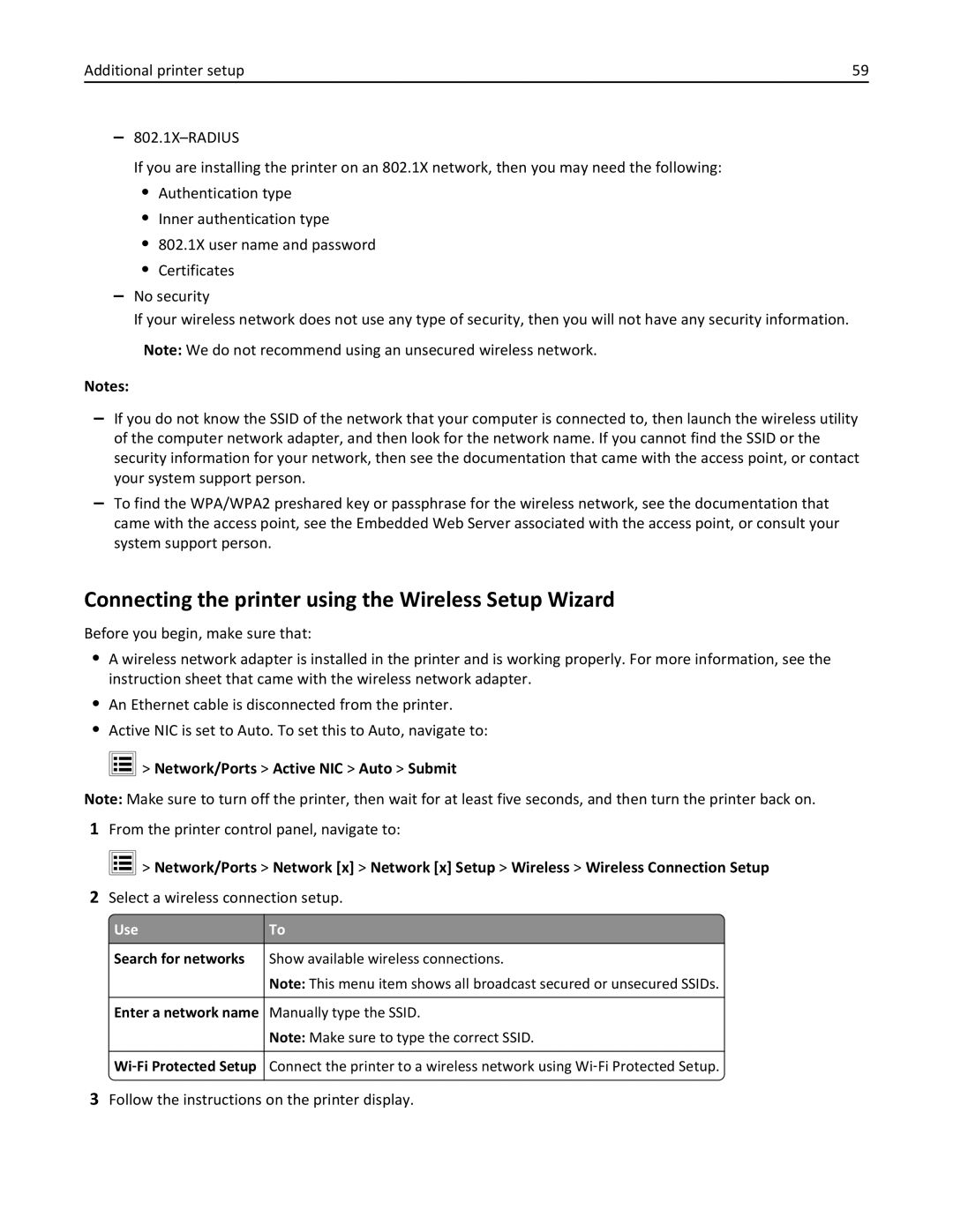 Lexmark 037, MX710DHE, 24T7310 Connecting the printer using the Wireless Setup Wizard, Network/Ports Active NIC Auto Submit 