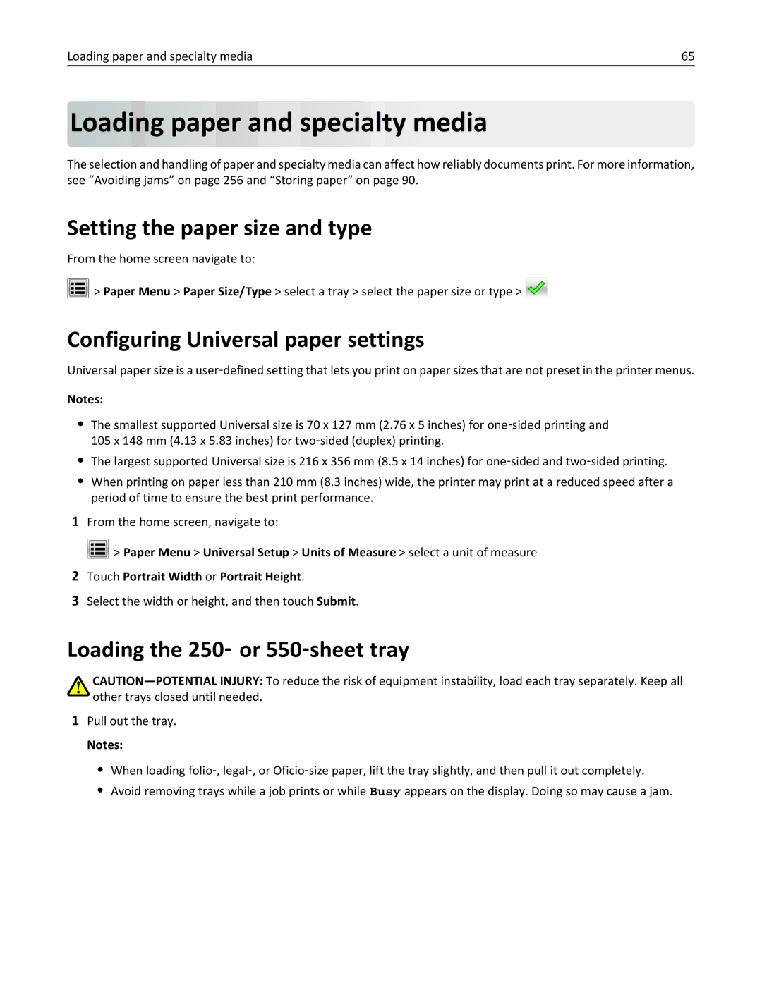 Lexmark MX710DHE Loading paper and specialty media, Setting the paper size and type, Configuring Universal paper settings 