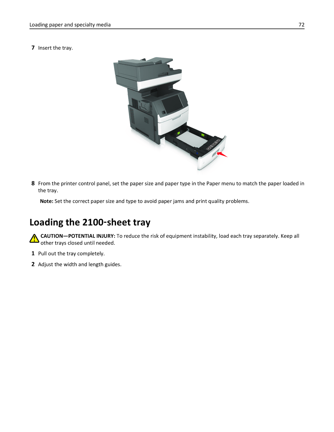 Lexmark 24T7310, MX710DHE, 237, 037 manual Loading the 2100‑sheet tray 