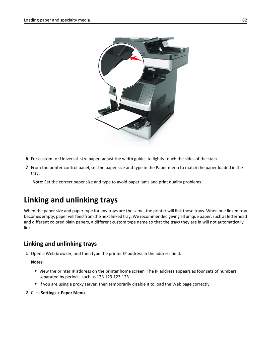 Lexmark 24T7310, MX710DHE, 237, 037 manual Linking and unlinking trays, Click Settings Paper Menu 