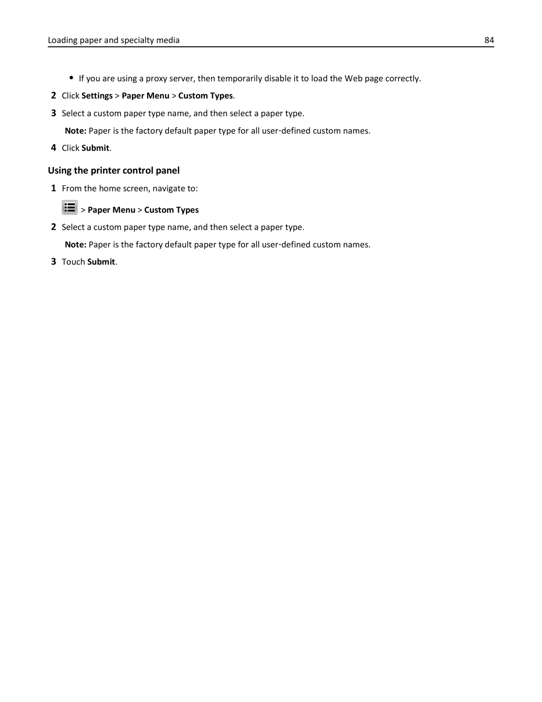 Lexmark 037, MX710DHE, 24T7310, 237 manual Click Settings Paper Menu Custom Types 