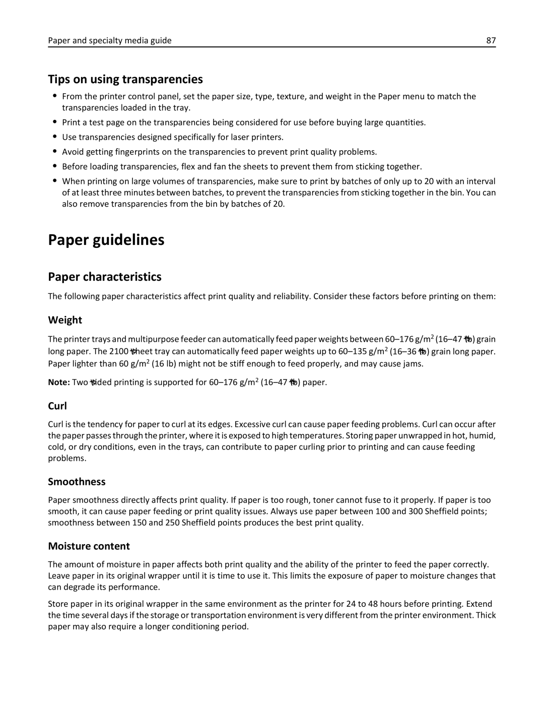 Lexmark 24T7310, MX710DHE, 237, 037 manual Paper guidelines, Tips on using transparencies, Paper characteristics 