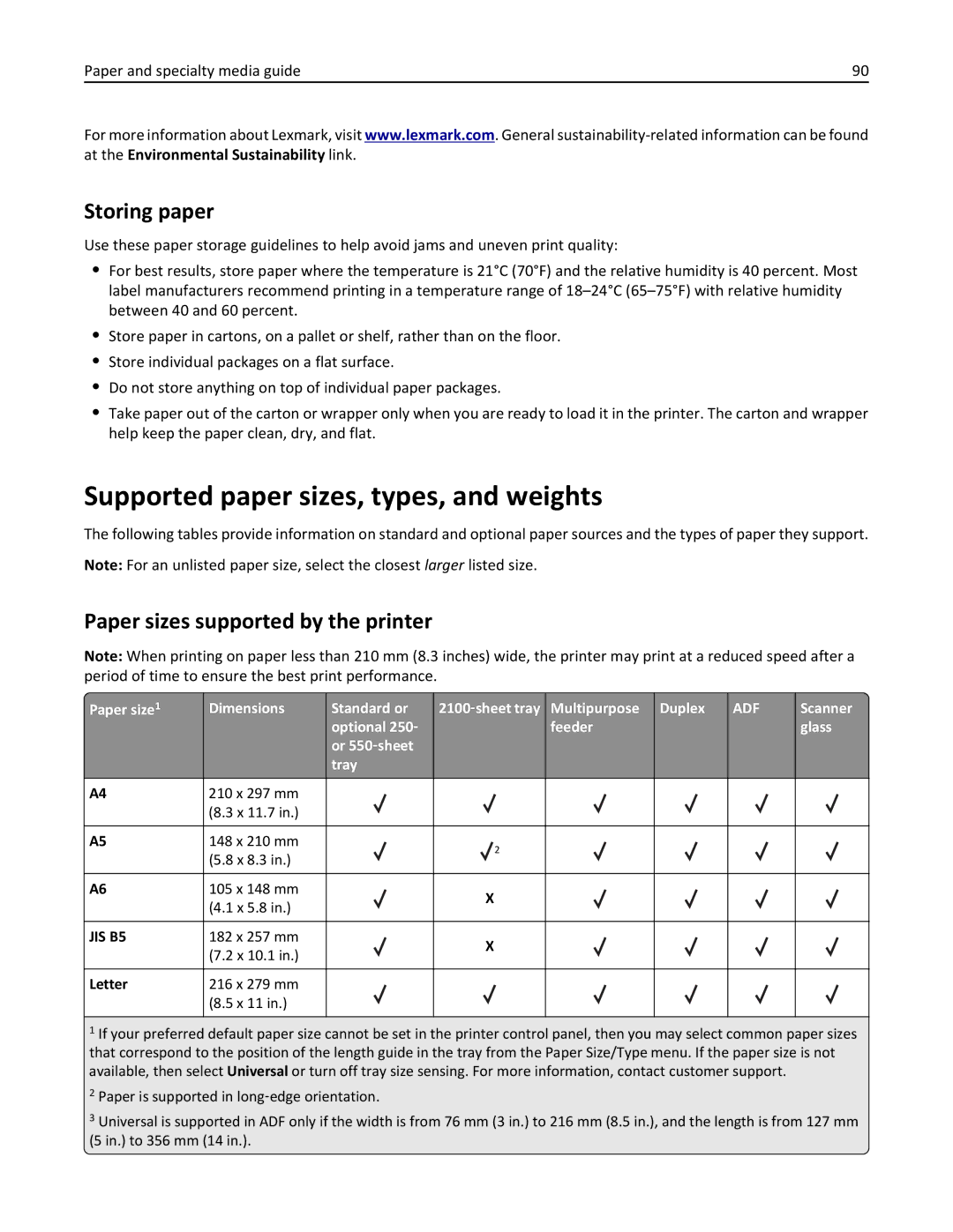 Lexmark MX710DHE, 24T7310 Supported paper sizes, types, and weights, Storing paper, Paper sizes supported by the printer 