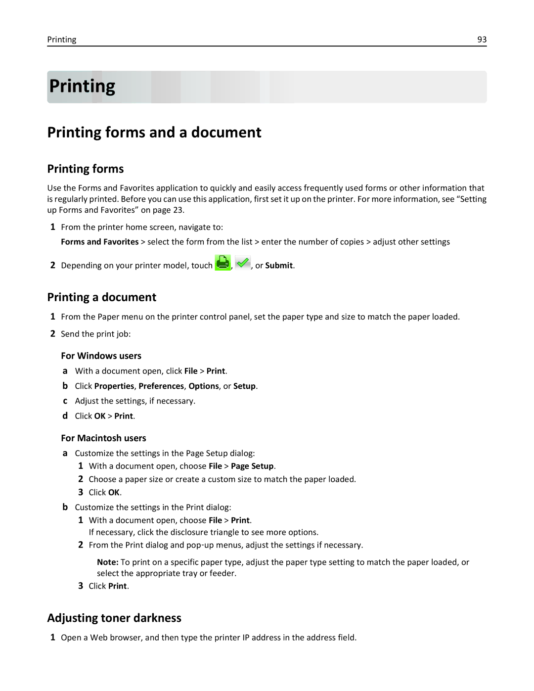 Lexmark 237, MX710DHE, 24T7310, 037 manual Printing forms and a document, Printing a document, Adjusting toner darkness 