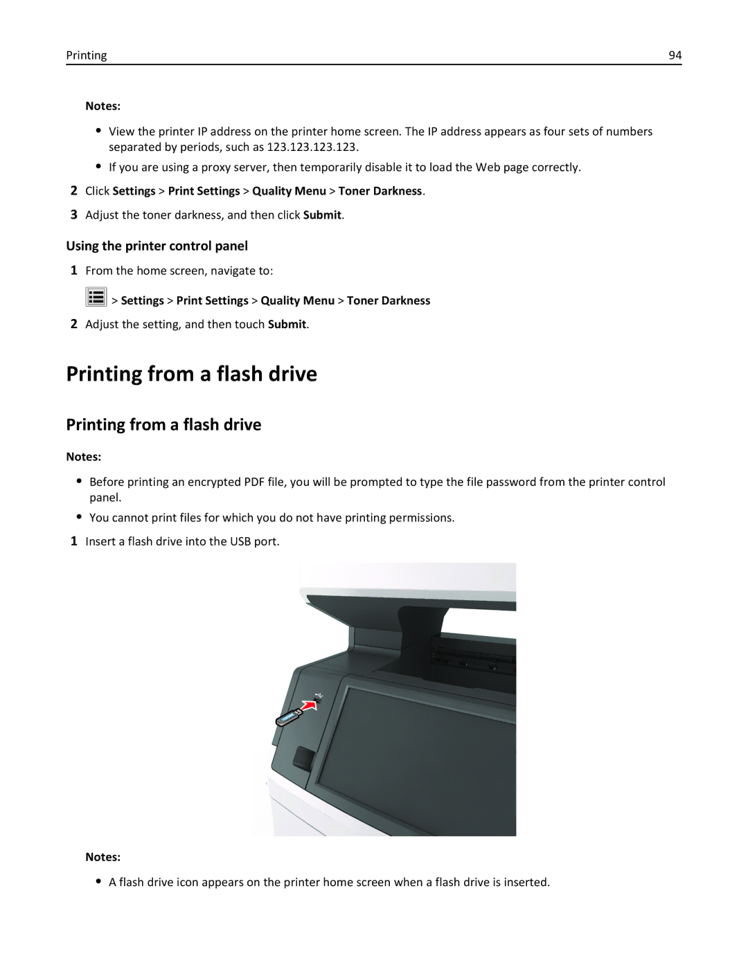 Lexmark 037, MX710DHE, 24T7310, 237 Printing from a flash drive, Click Settings Print Settings Quality Menu Toner Darkness 