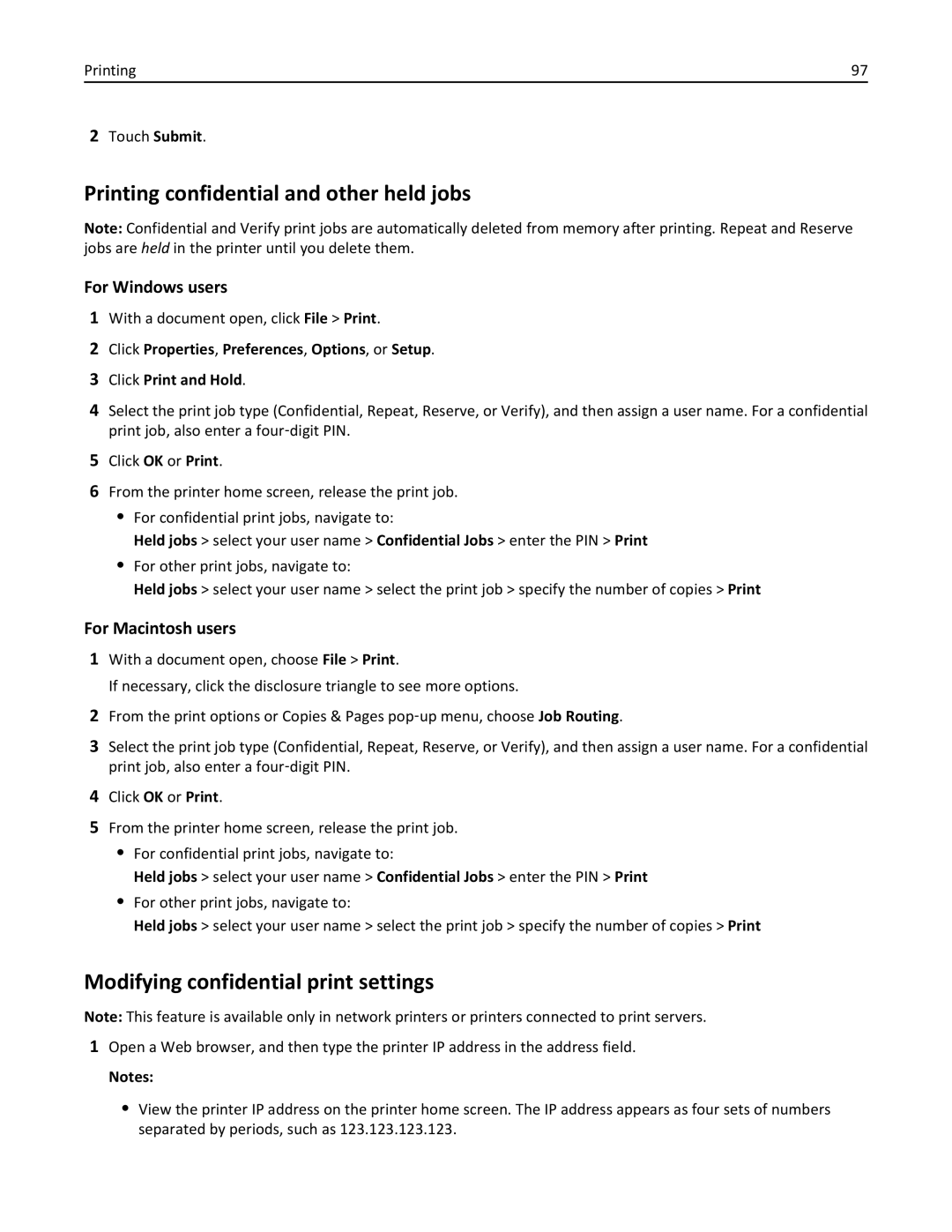 Lexmark 24T7310 Printing confidential and other held jobs, Modifying confidential print settings, Printing Touch Submit 