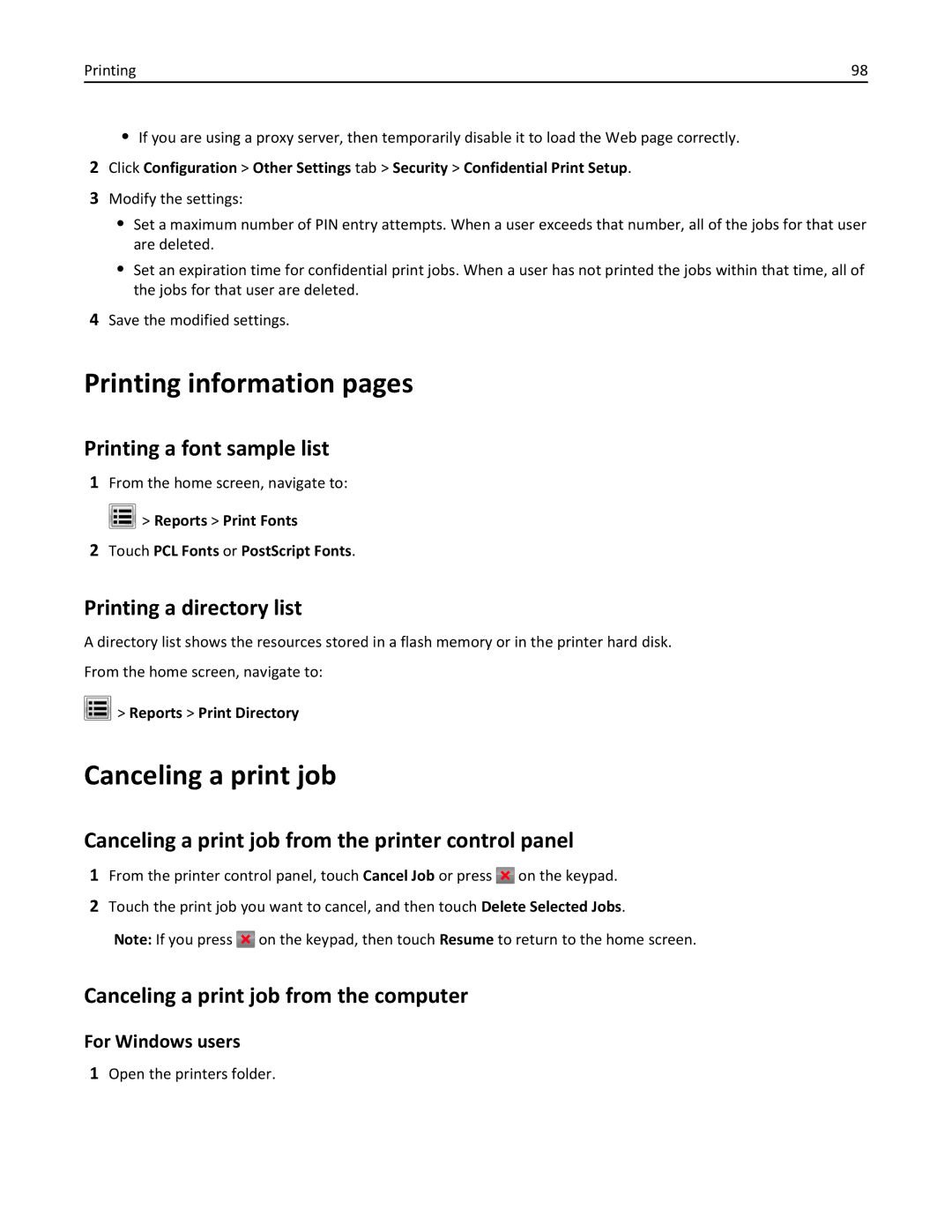 Lexmark 237, MX710DHE, 24T7310, 037 manual Printing information pages, Canceling a print job 