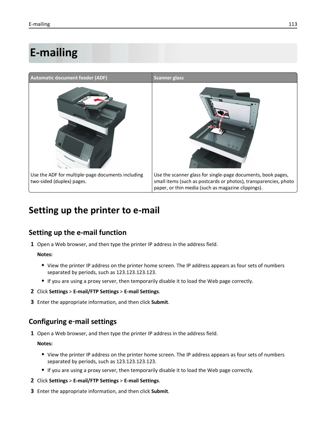 Lexmark 237, 037 E-mailing, Setting up the printer to e-mail, Setting up the e-mail function, Configuring e‑mail settings 