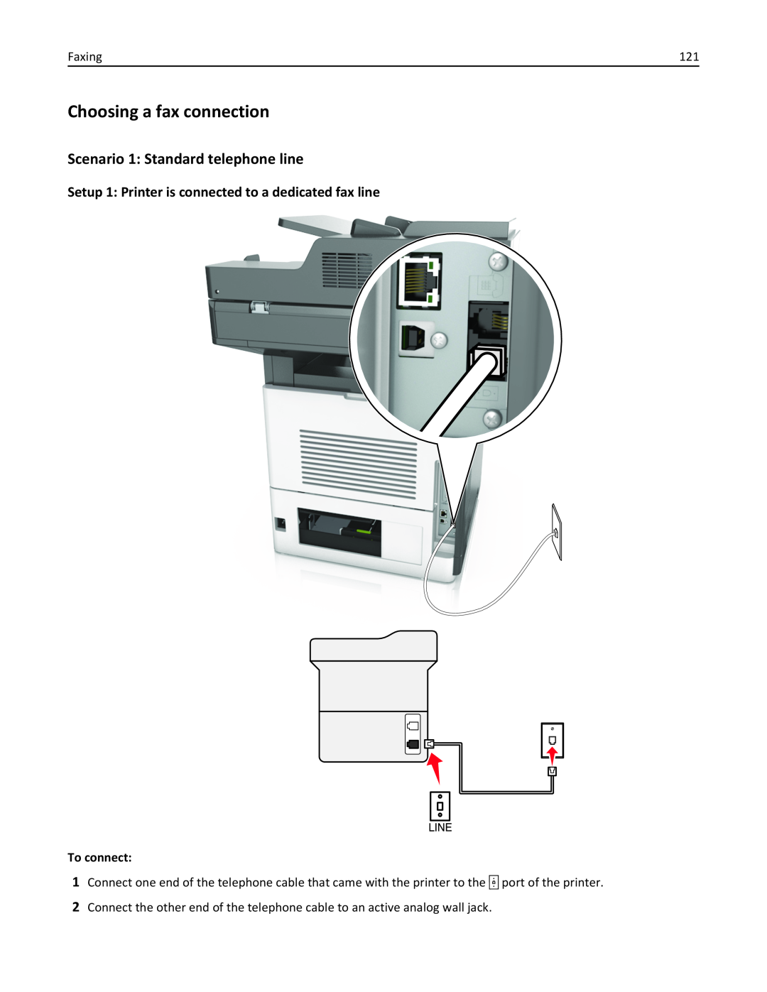 Lexmark MX710DHE, 24T7310, 237, 037 manual Choosing a fax connection, Scenario 1 Standard telephone line, To connect 