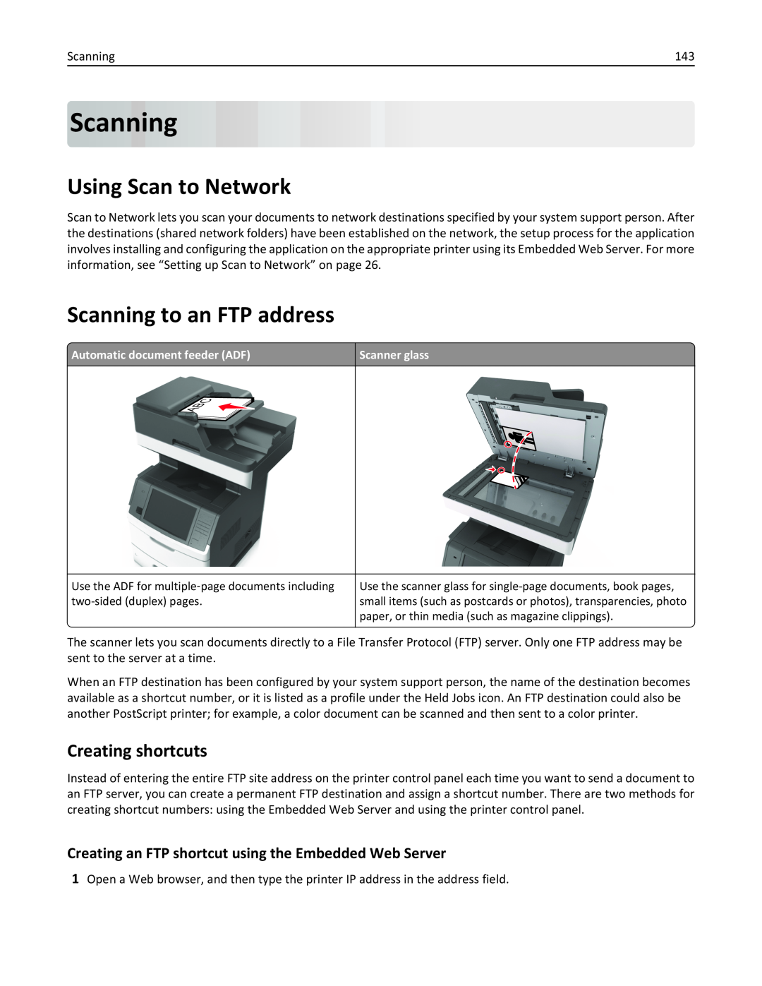 Lexmark 237, MX710DHE, 24T7310, 037 manual Using Scan to Network, Scanning to an FTP address, Creating shortcuts 