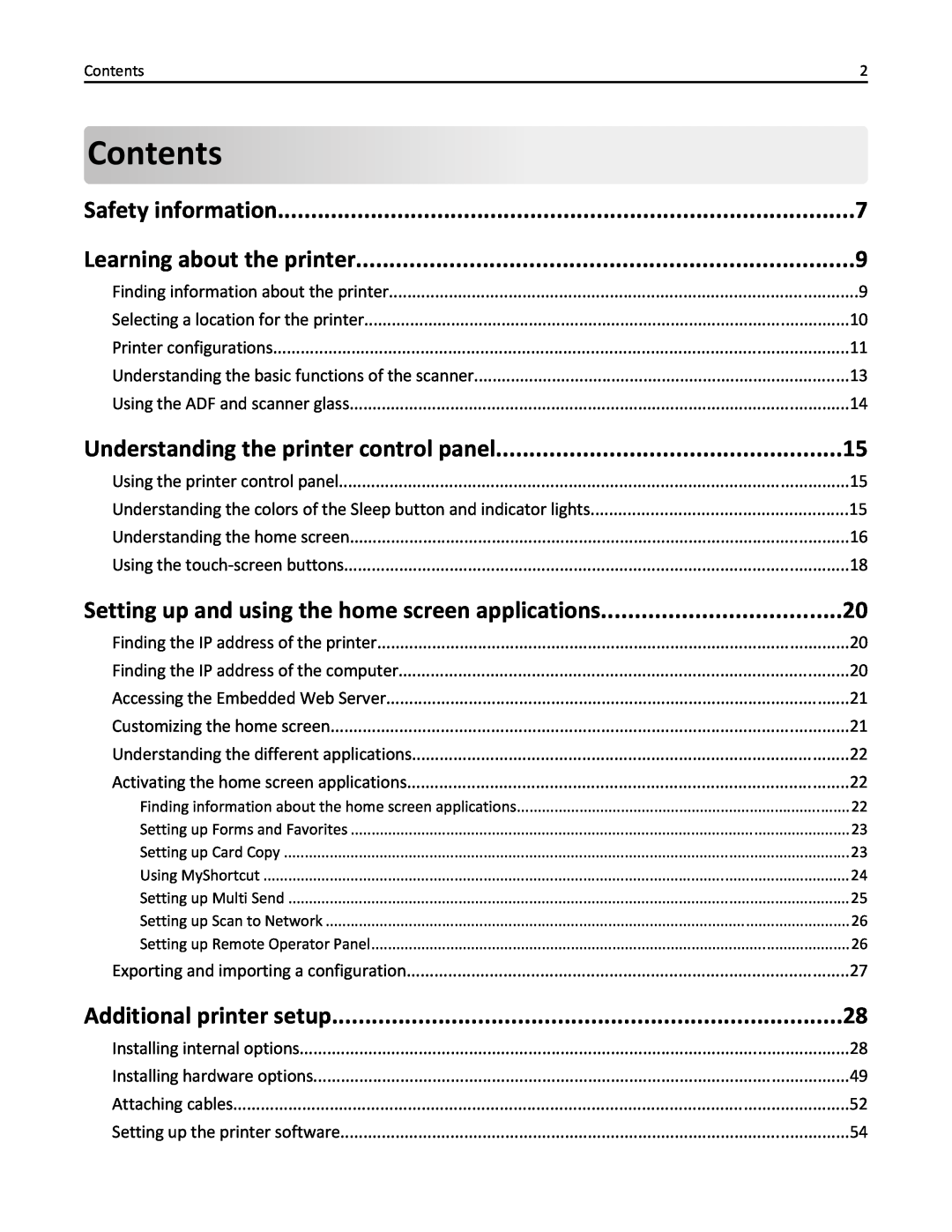 Lexmark 24T7310 Contents, Setting up and using the home screen applications, Safety information, Additional printer setup 