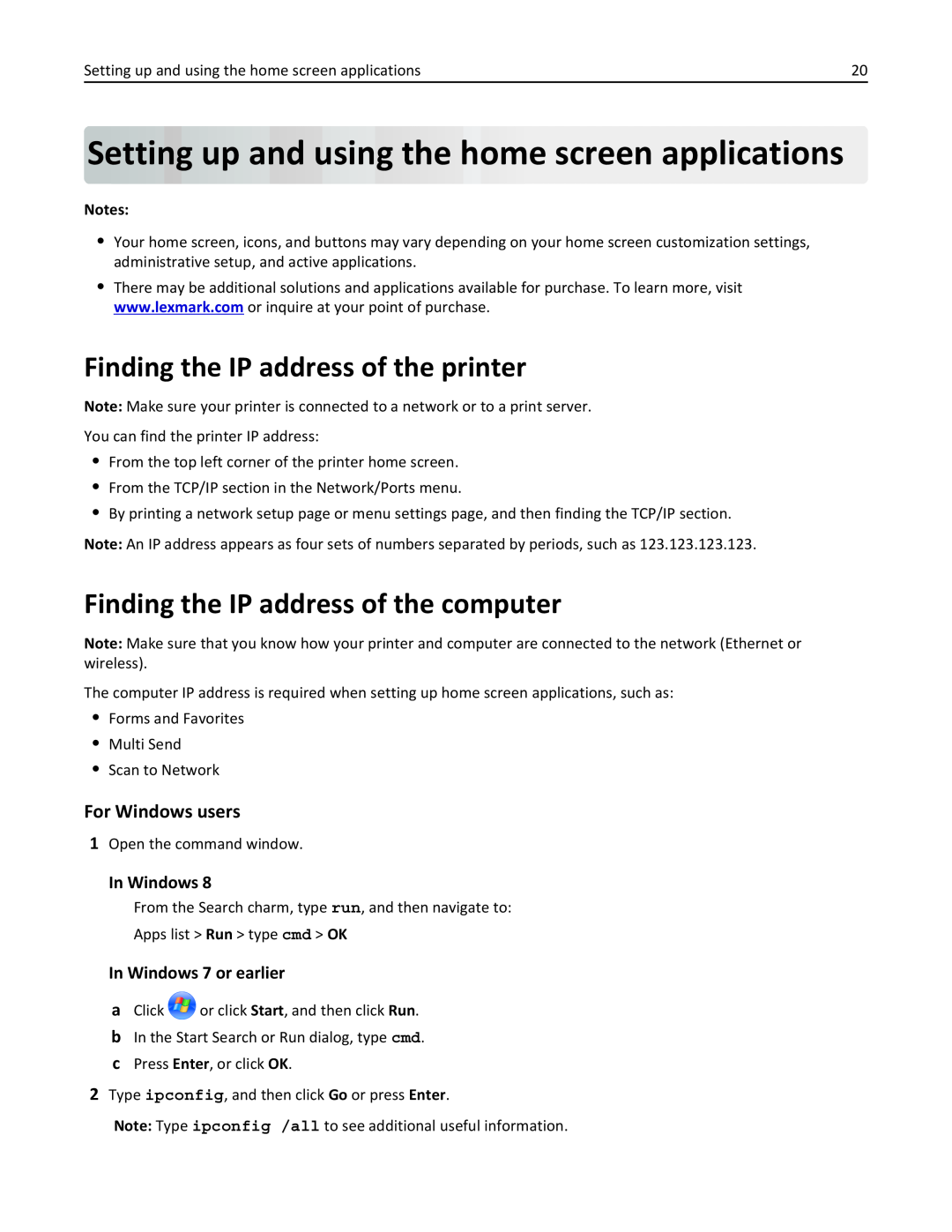 Lexmark MX710DHE Setting upand using thehome screen applications, Finding the IP address of the printer, For Windows users 