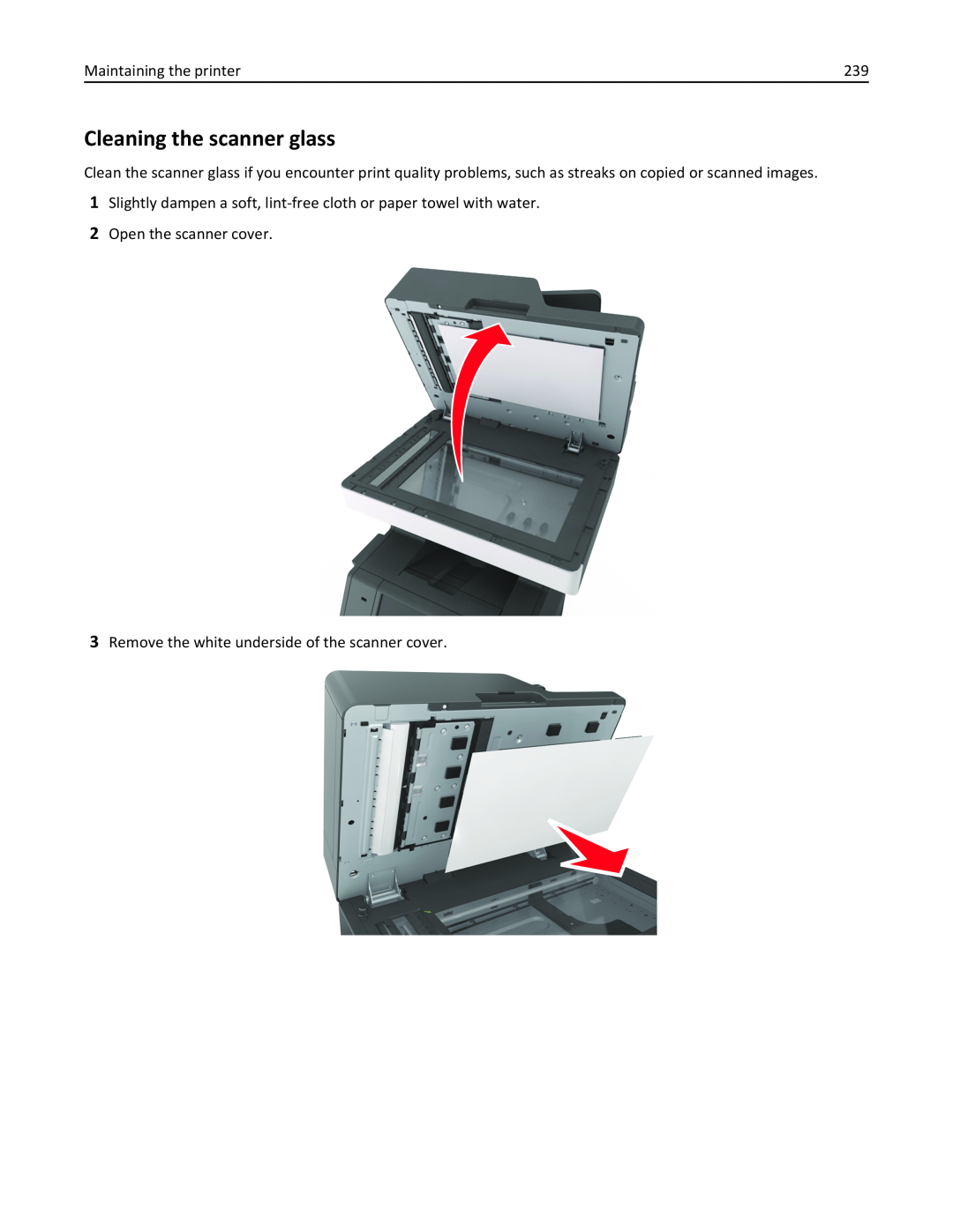Lexmark 037, MX710DHE, 24T7310, 237 manual Cleaning the scanner glass, Maintaining the printer, Open the scanner cover 