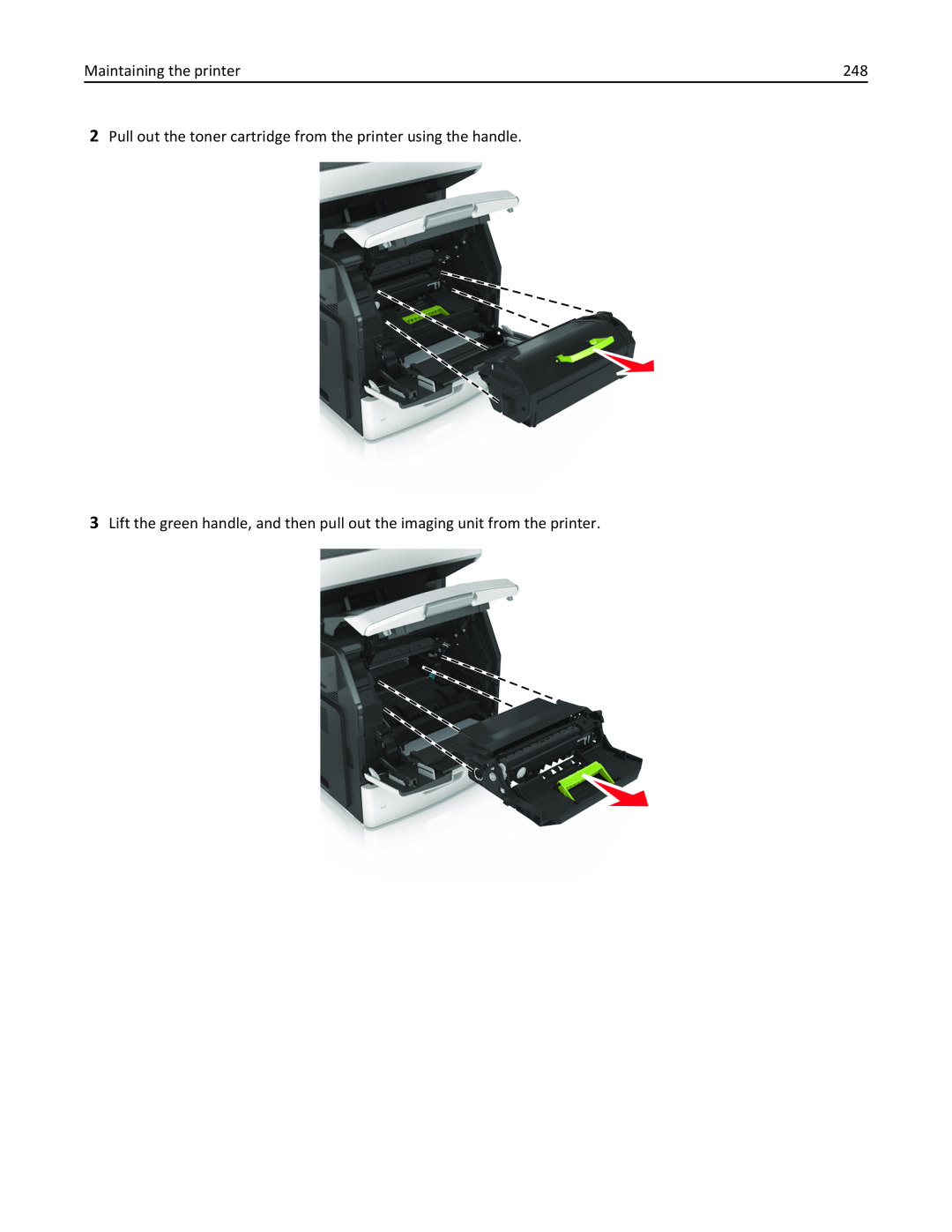 Lexmark 237, MX710DHE, 24T7310, 037 Maintaining the printer, Pull out the toner cartridge from the printer using the handle 
