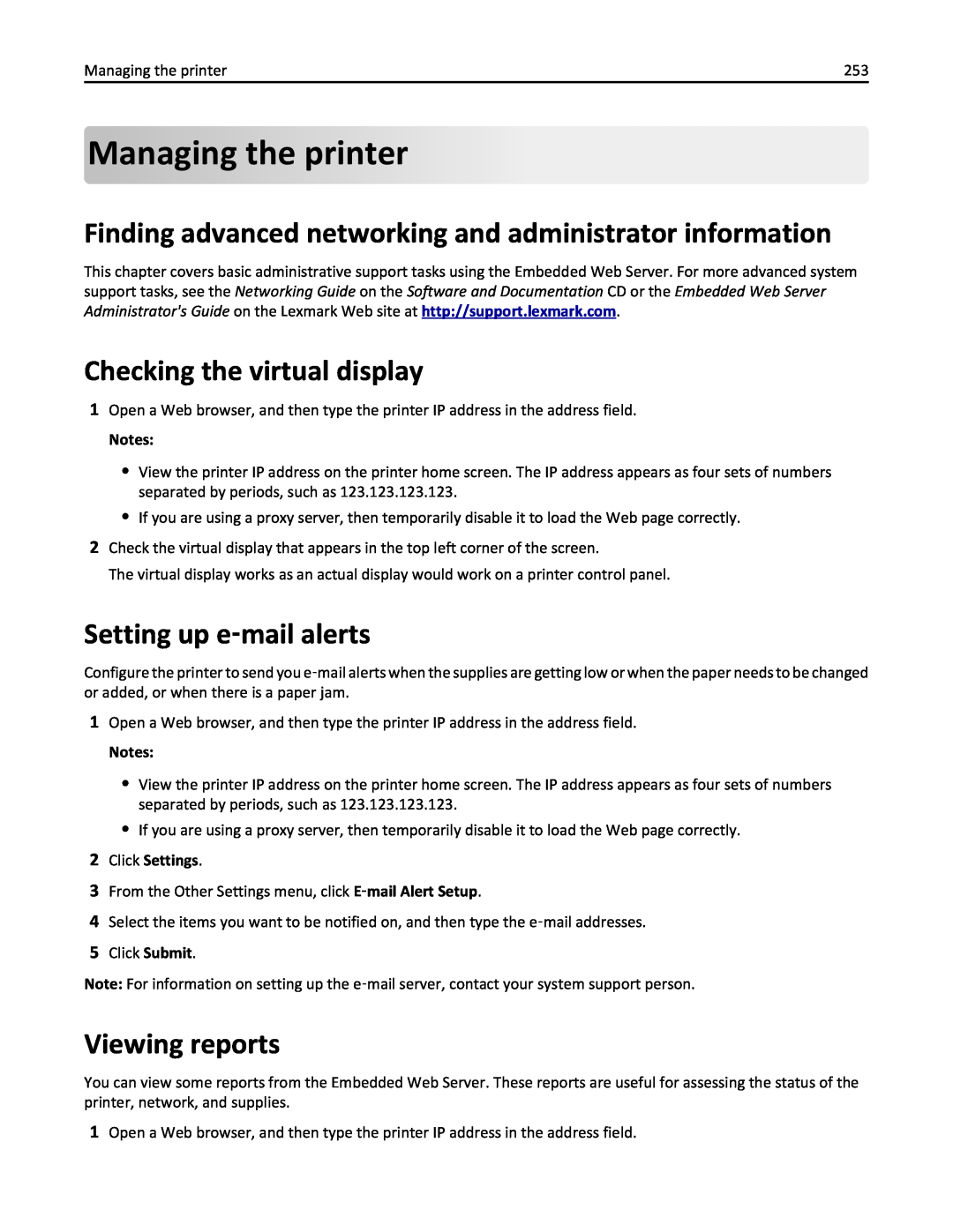 Lexmark 237 Managing the printer, Finding advanced networking and administrator information, Checking the virtual display 