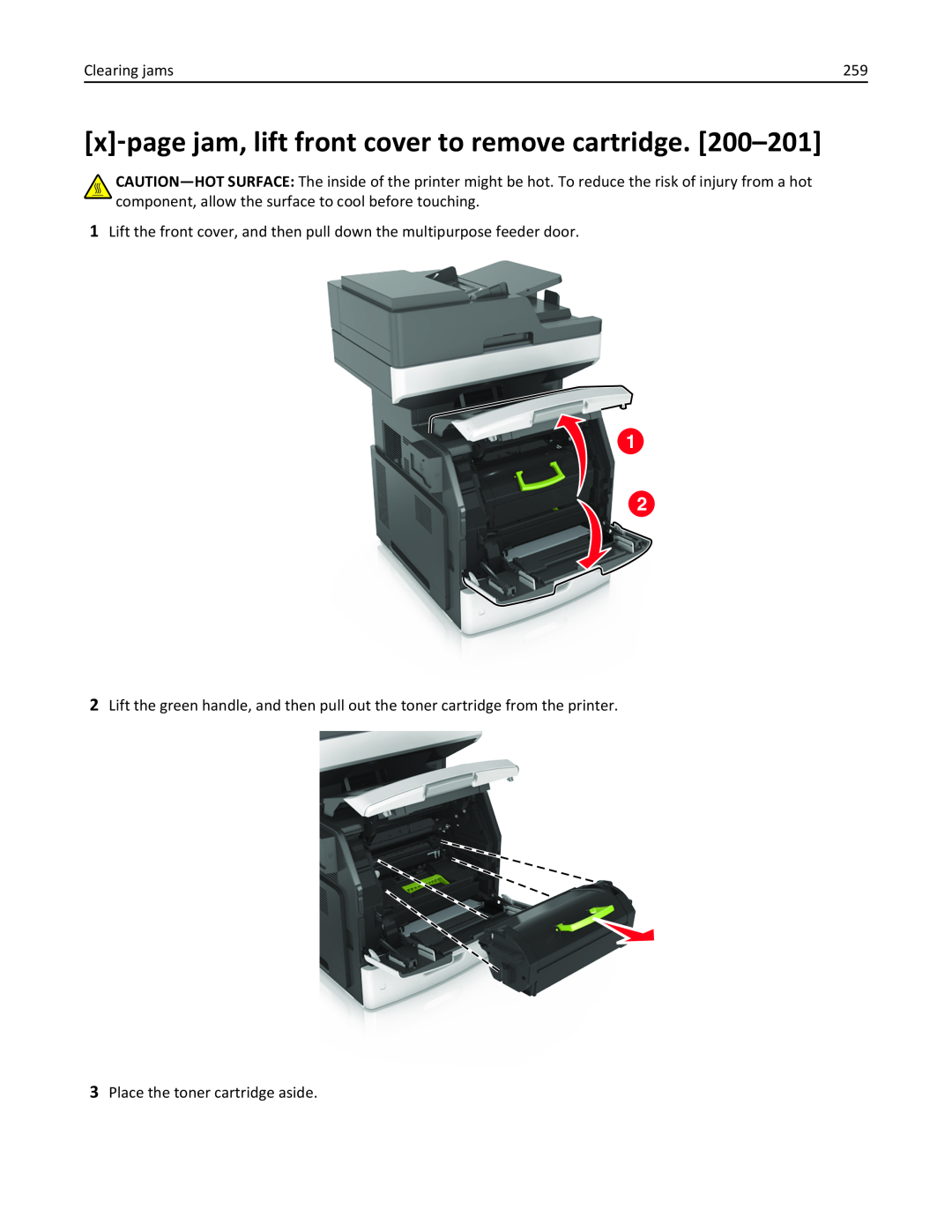 Lexmark 037, MX710DHE, 237 x‑page jam, lift front cover to remove cartridge, Clearing jams, Place the toner cartridge aside 