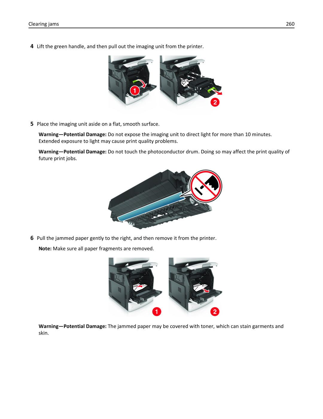Lexmark MX710DHE, 24T7310, 237, 037 manual Clearing jams, Place the imaging unit aside on a flat, smooth surface 