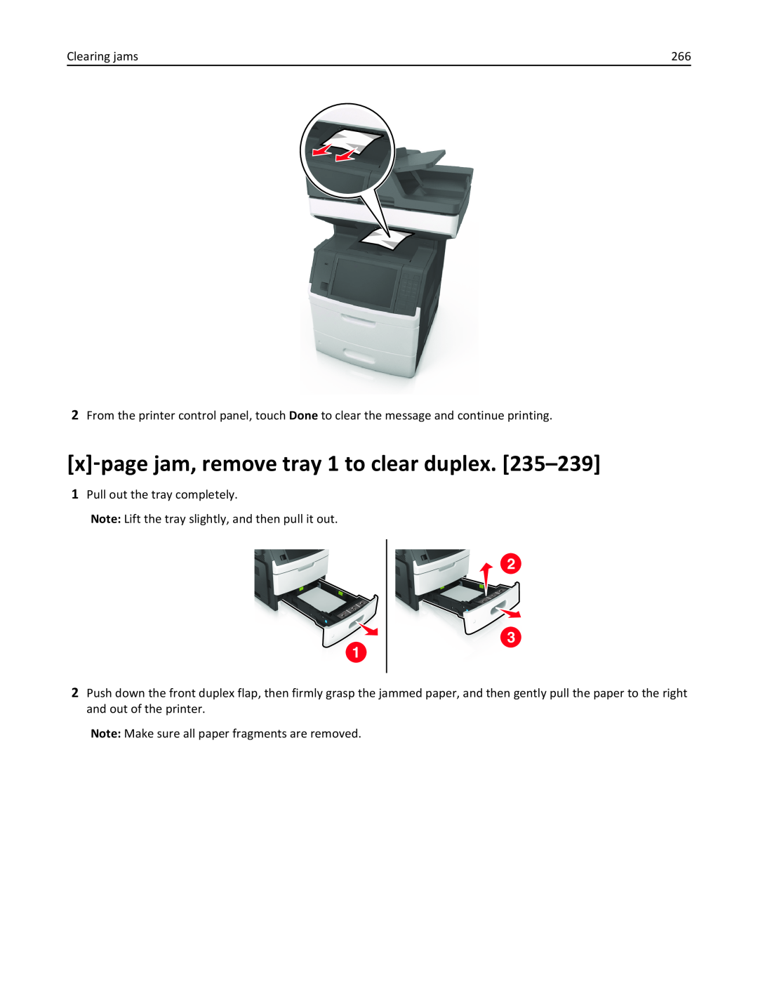 Lexmark MX710DHE, 24T7310, 237, 037 manual x‑page jam, remove tray 1 to clear duplex 