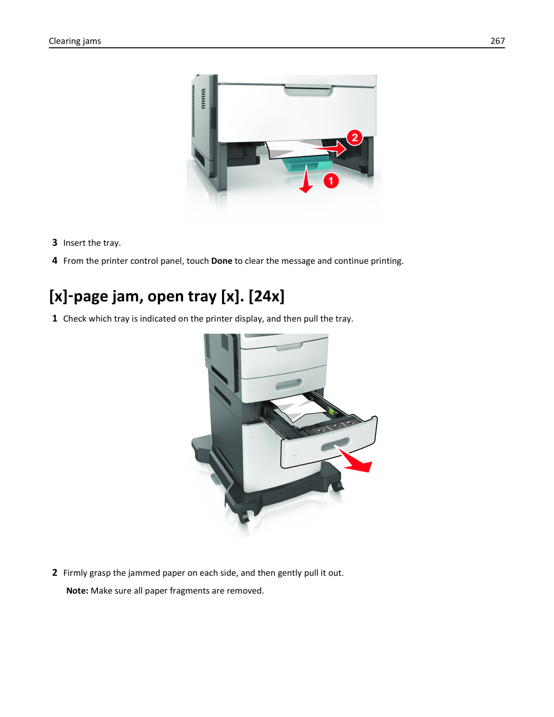 Lexmark 24T7310, MX710DHE, 237, 037 manual x‑page jam, open tray x, Clearing jams, Insert the tray 