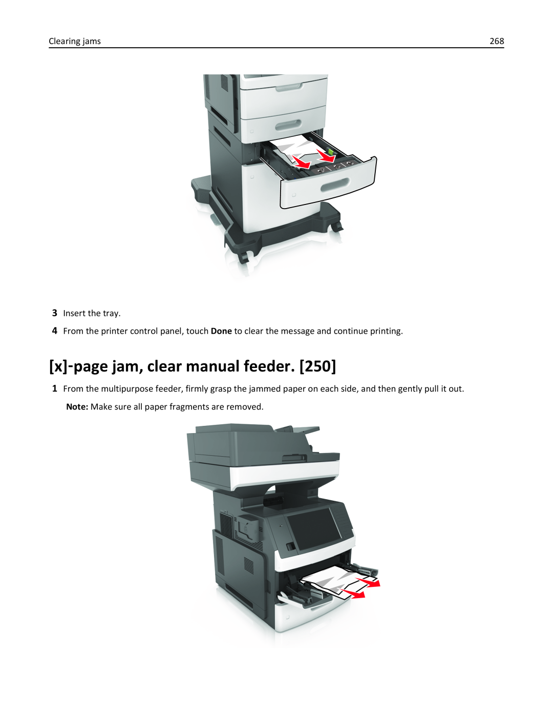 Lexmark 237, MX710DHE, 24T7310, 037 x‑page jam, clear manual feeder, Clearing jams, Insert the tray 
