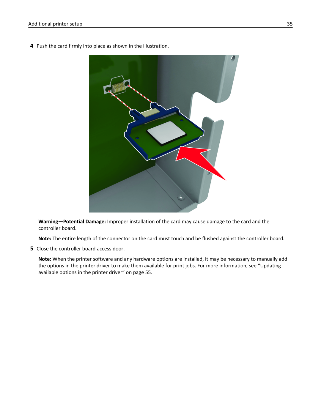 Lexmark MX710DHE, 24T7310, 237, 037 Additional printer setup, Push the card firmly into place as shown in the illustration 