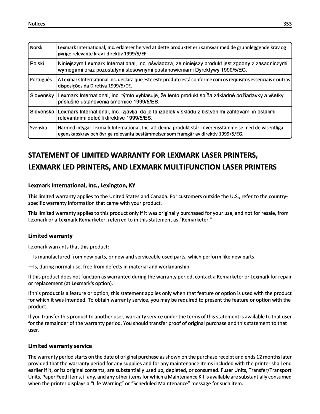 Lexmark 237, MX710DHE Statement Of Limited Warranty For Lexmark Laser Printers, Lexmark International, Inc., Lexington, KY 