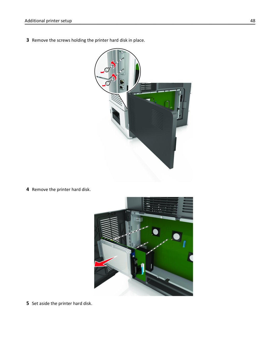 Lexmark 237, MX710DHE, 24T7310, 037 manual Additional printer setup, Remove the screws holding the printer hard disk in place 