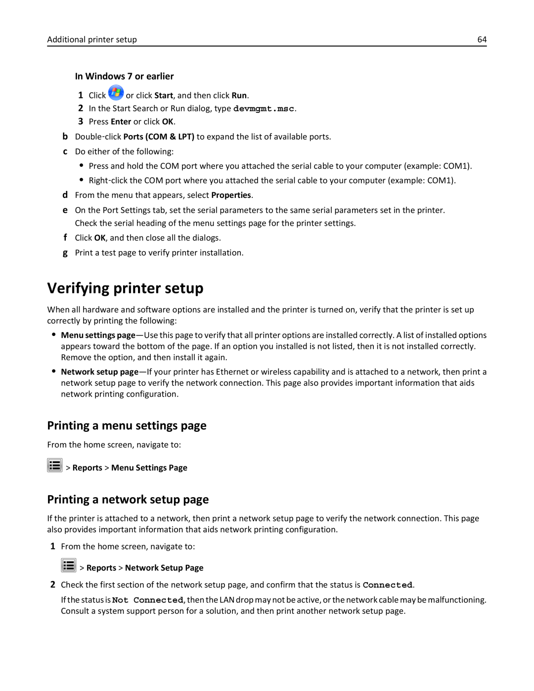 Lexmark 037 Verifying printer setup, Printing a menu settings page, Printing a network setup page, In Windows 7 or earlier 