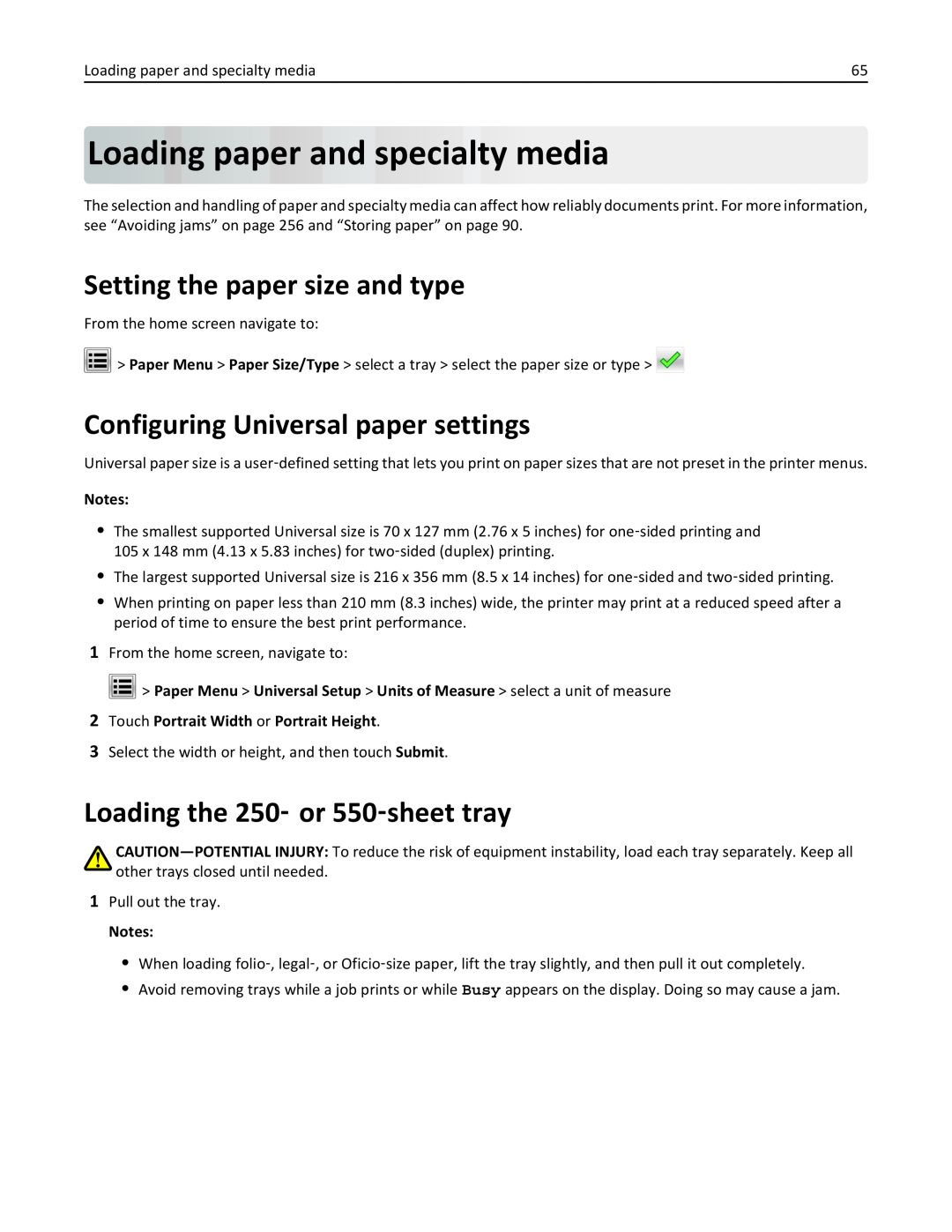Lexmark MX710DHE Loadingpaperand specialty media, Setting the paper size and type, Configuring Universal paper settings 