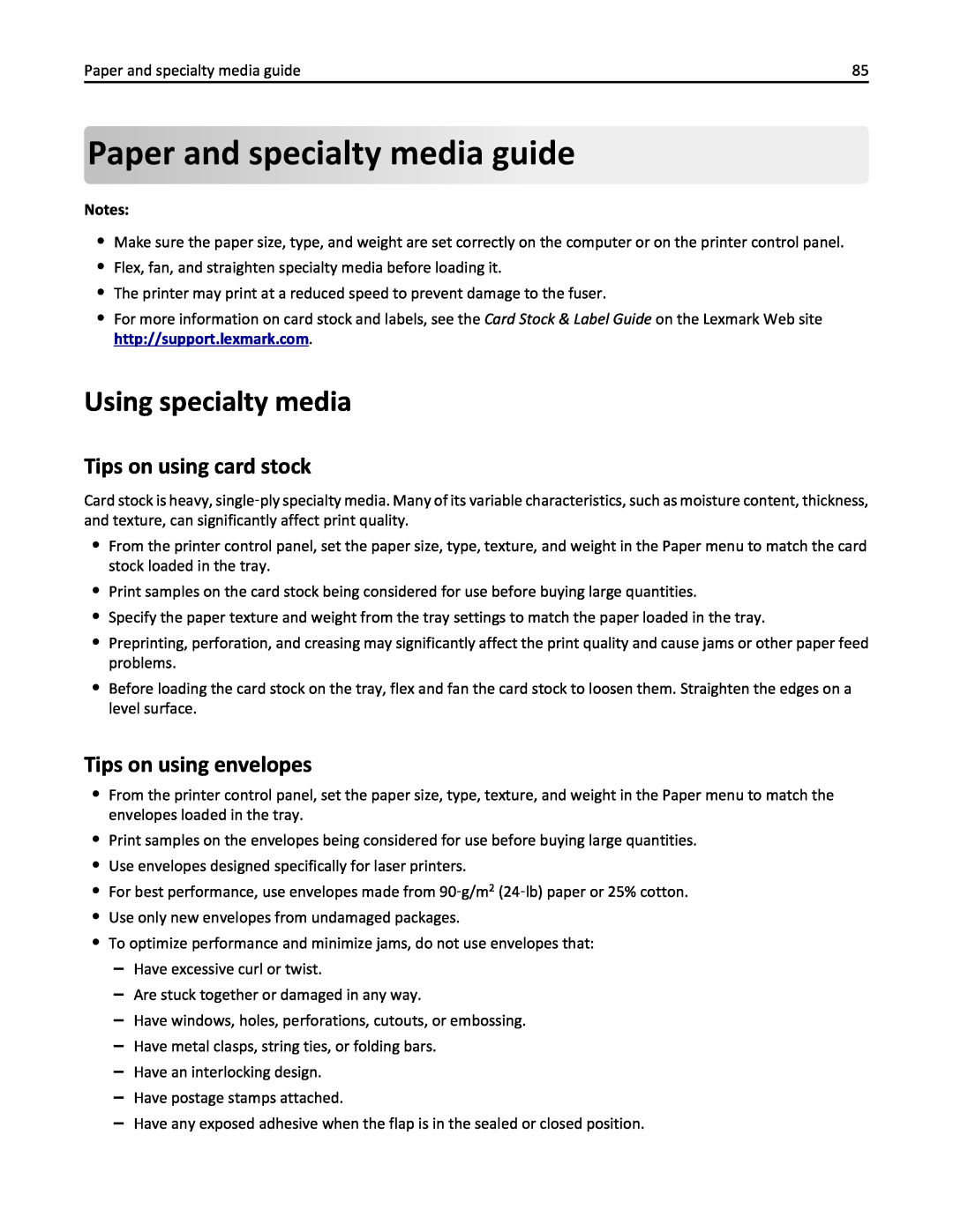 Lexmark MX710DHE Paper andspecialtymedia guide, Using specialty media, Tips on using card stock, Tips on using envelopes 