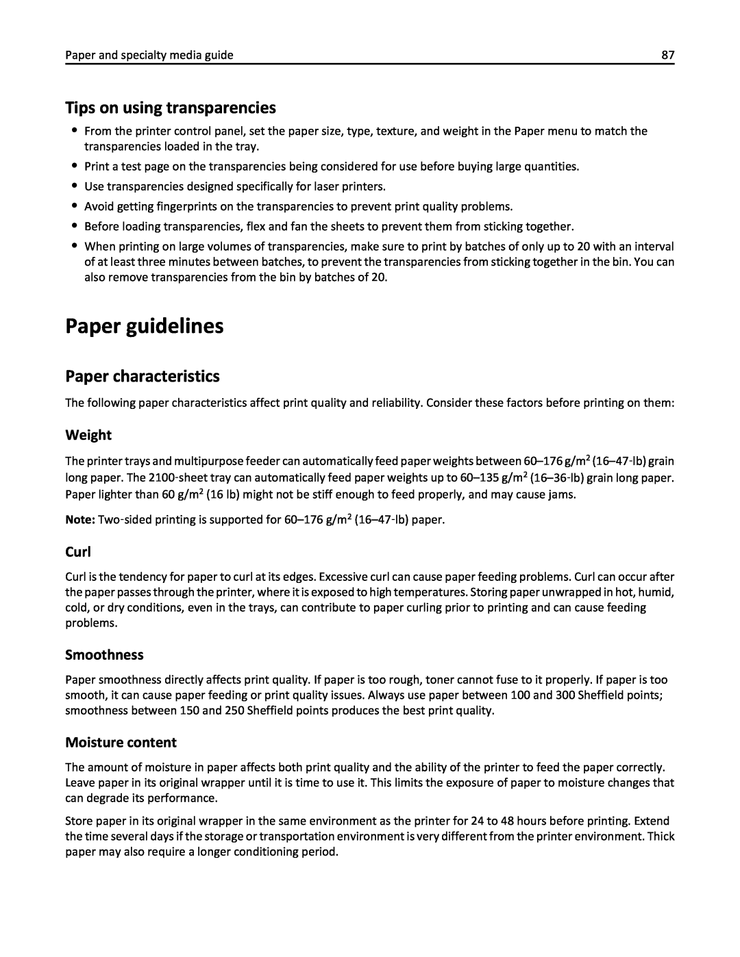 Lexmark 24T7310, MX710DHE Paper guidelines, Tips on using transparencies, Paper characteristics, Weight, Curl, Smoothness 