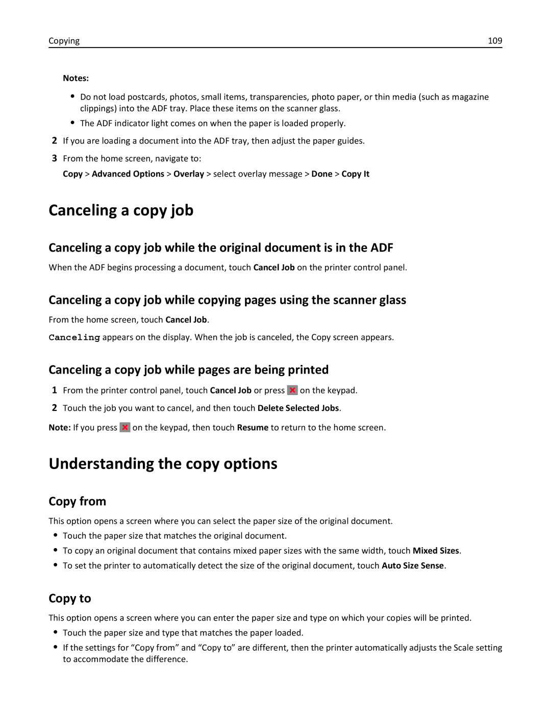 Lexmark MX710DE Understanding the copy options, Canceling a copy job while pages are being printed, Copy from, Copy to 