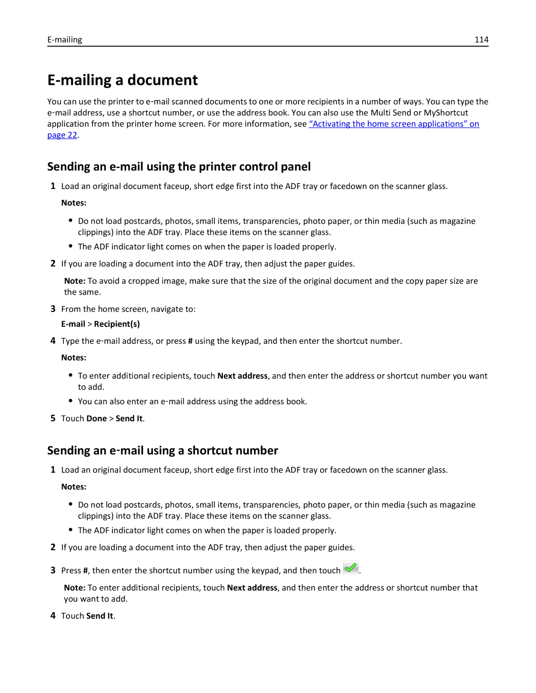 Lexmark MX711DTHE Mailing a document, Sending an e-mail using the printer control panel, Mailing 114, Touch Done Send It 