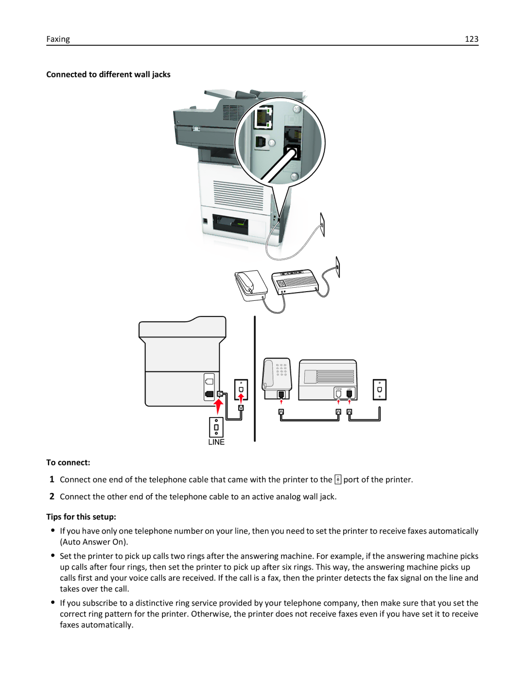 Lexmark 24T7406, MX711DTHE, MX710DE, MX711DE, 24T7401, 24TT204 manual Faxing 123, Connected to different wall jacks 