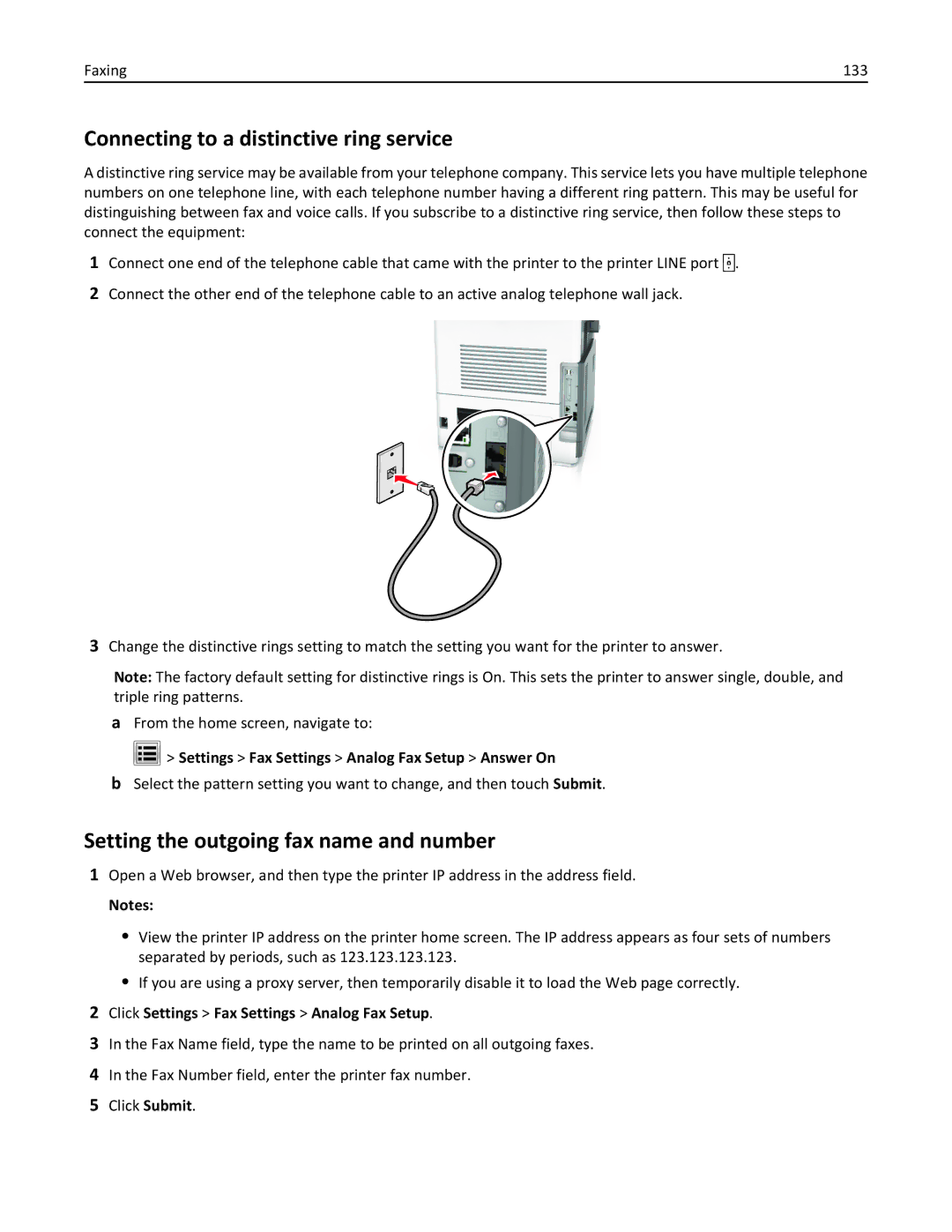 Lexmark MX710DE, MX711DTHE Connecting to a distinctive ring service, Setting the outgoing fax name and number, Faxing 133 