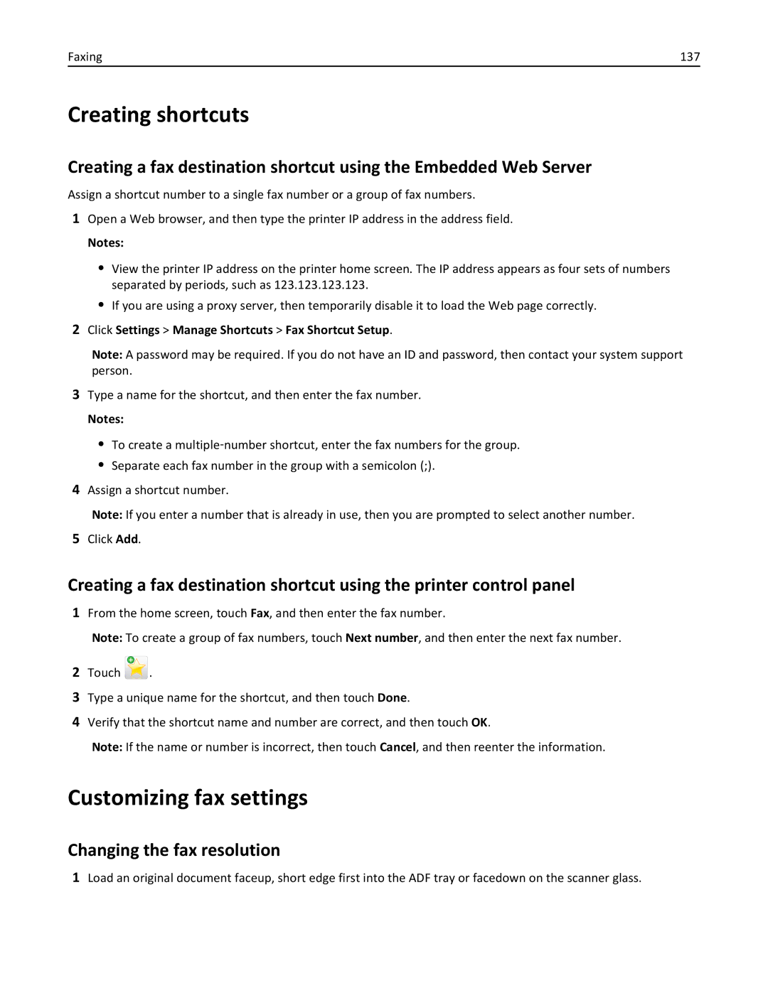 Lexmark 24TT204, MX711DTHE, MX710DE Creating shortcuts, Customizing fax settings, Changing the fax resolution, Faxing 137 