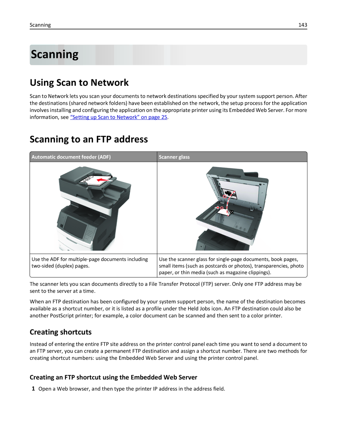 Lexmark 24TT204, MX711DTHE, MX710DE, MX711DE manual Using Scan to Network, Scanning to an FTP address, Creating shortcuts 