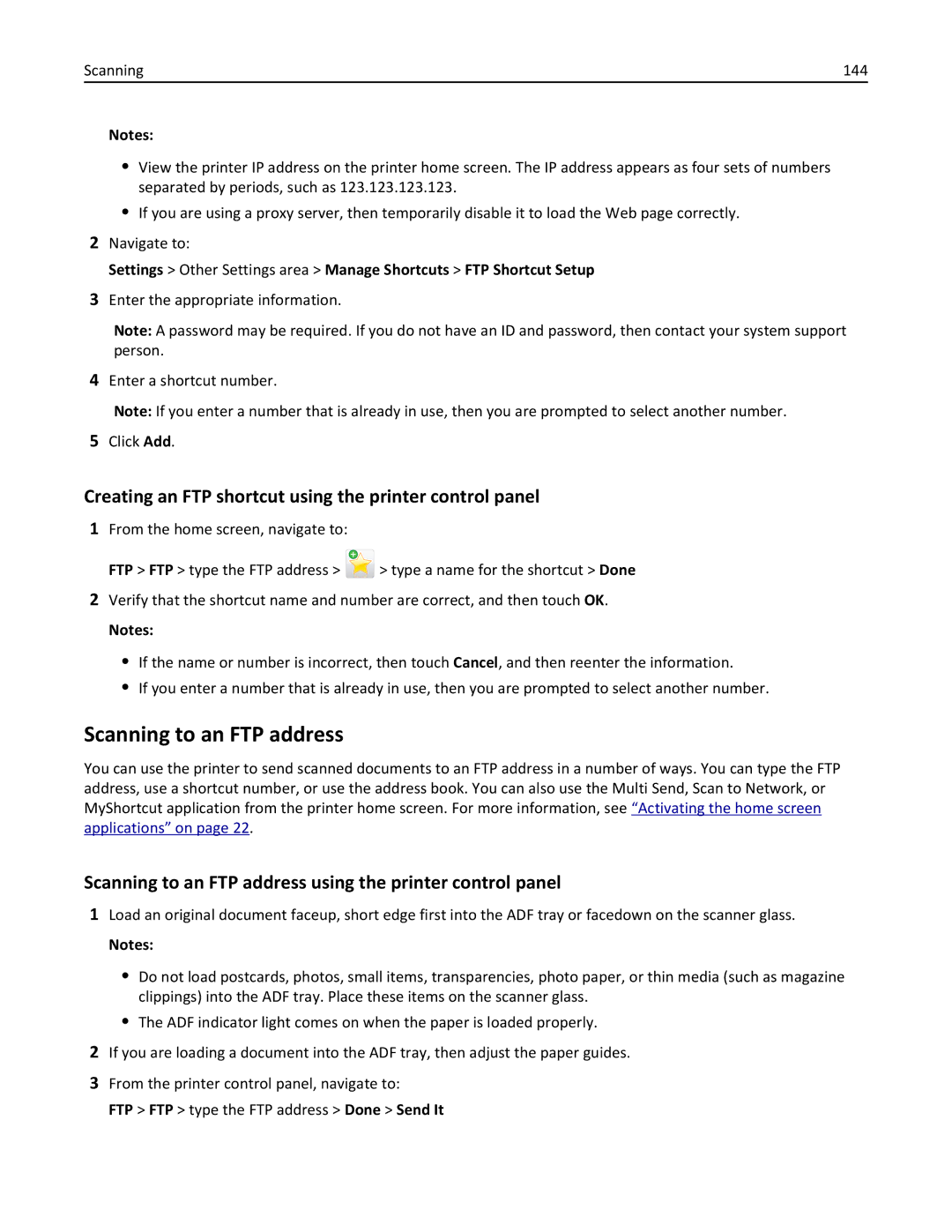 Lexmark MX711DTHE, MX710DE, MX711DE Scanning to an FTP address, Creating an FTP shortcut using the printer control panel 