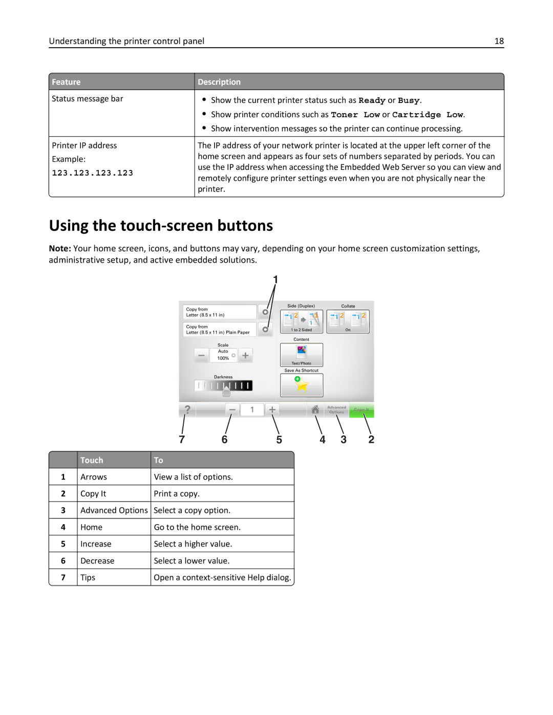 Lexmark MX711DTHE, MX710DE, MX711DE manual Using the touch-screen buttons, Arrows View a list of options Copy It Print a copy 