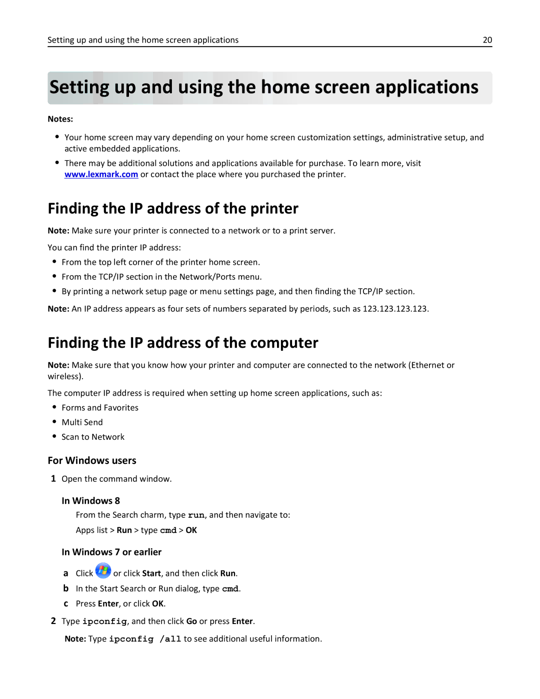 Lexmark MX711DE, MX711DTHE manual Setting up and using the home screen applications, Finding the IP address of the printer 