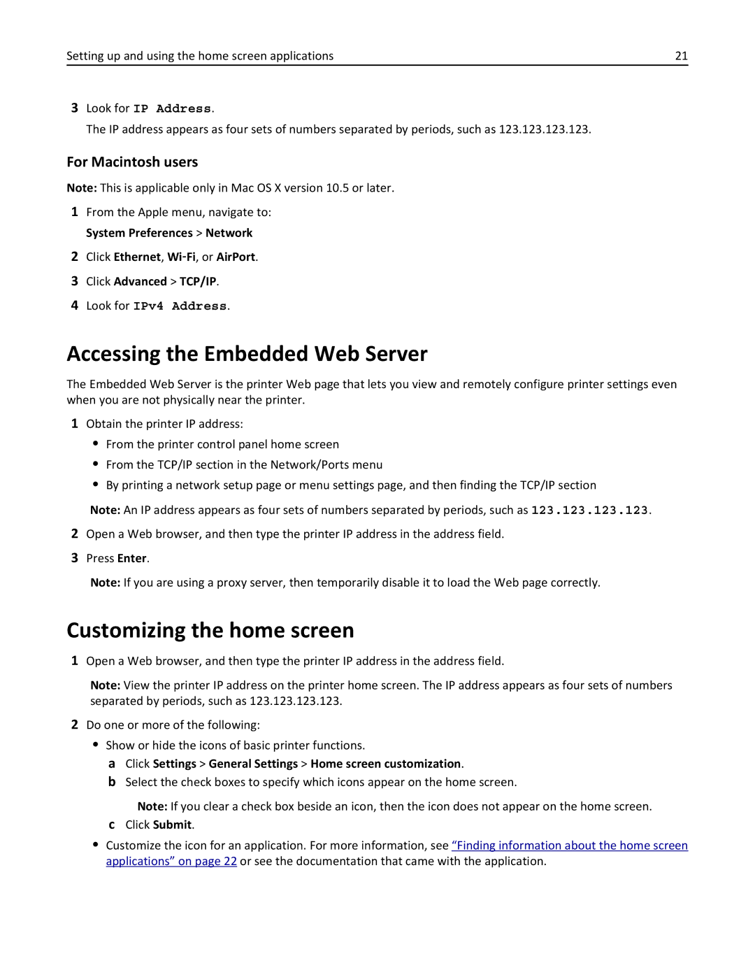 Lexmark 24T7406, MX711DTHE, MX710DE Accessing the Embedded Web Server, Customizing the home screen, For Macintosh users 